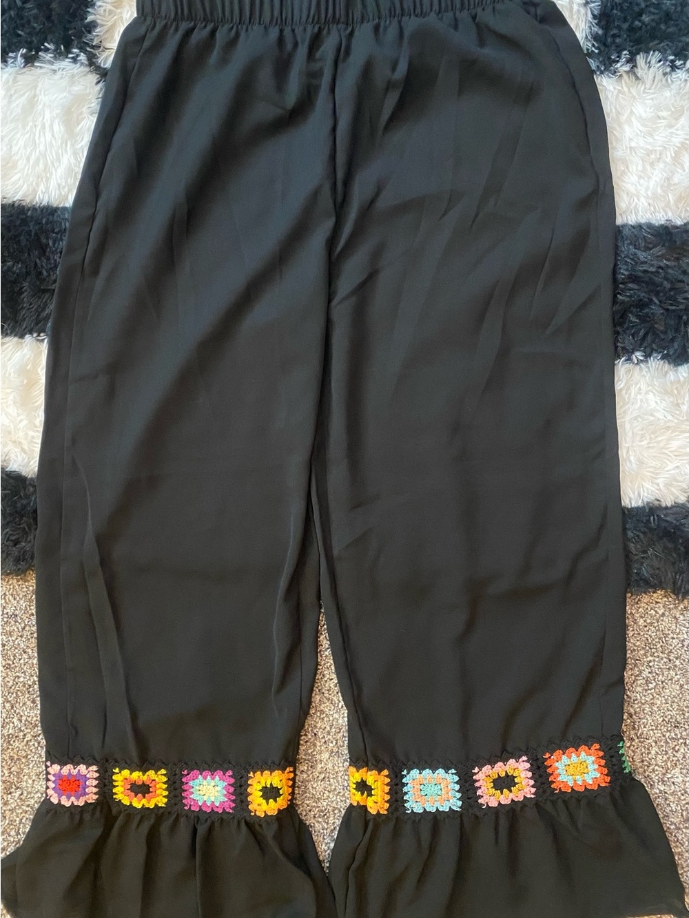 Black Ruffle Hem Pants with Colorful Crochet Trim
